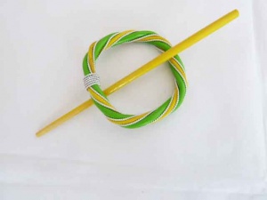 Rattan and Wire Green and Yellow Circular Shawl Pin Set