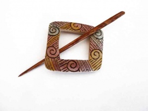 Rectangular Tie Dye Pangantoon Wood Shawl Pin Set
